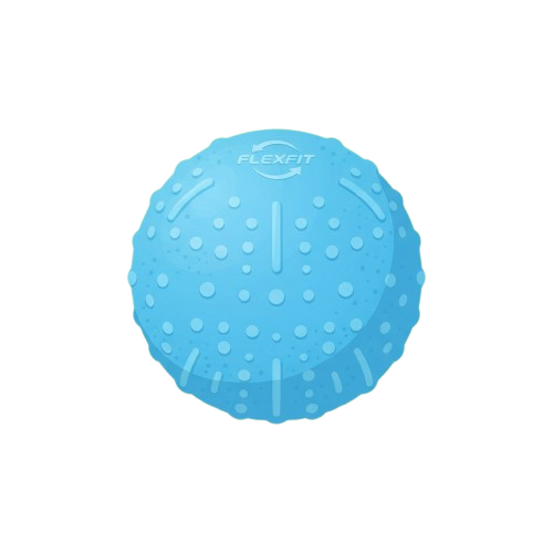 Bright blue textured exercise ball with raised dimples and grip ridges