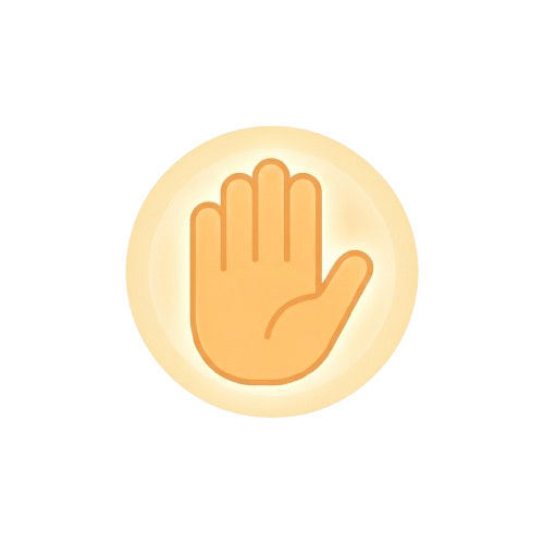 A flat design stop hand icon with an open palm and extended fingers on a circular background