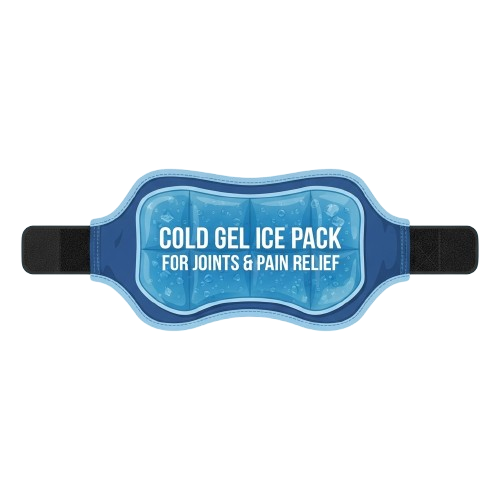 Blue cold gel ice pack wrap for joints and pain relief with text overlay
