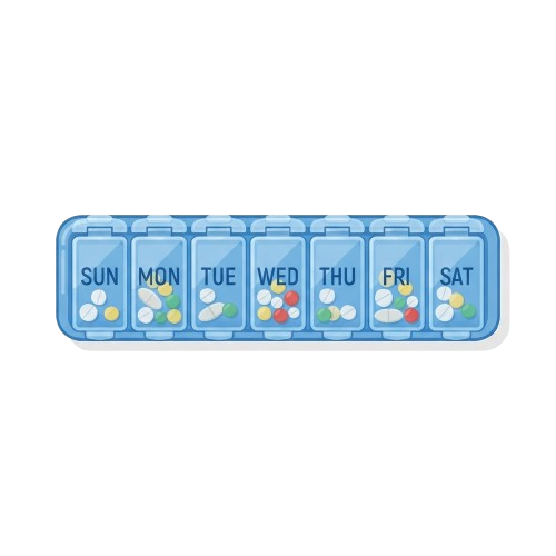 A weekly pill organizer with compartments labeled for each day of the week, filled with colorful pills.
