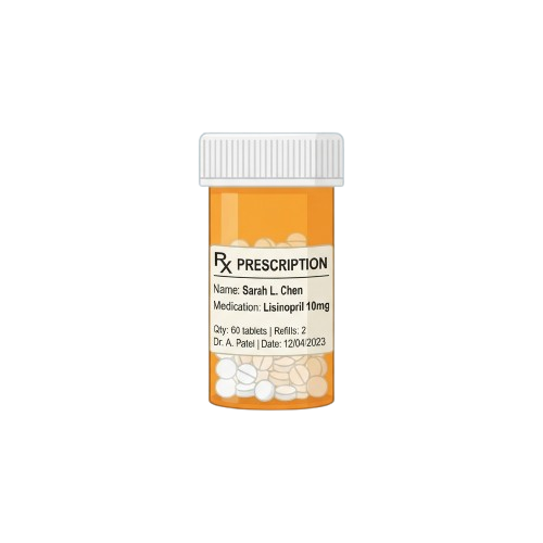 Orange prescription pill bottle labeled Lisinopril 10mg with white pills inside