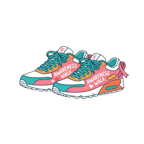 Illustration of two colorful sneakers with pink, teal, and orange accents and the words Awareness Walk on them