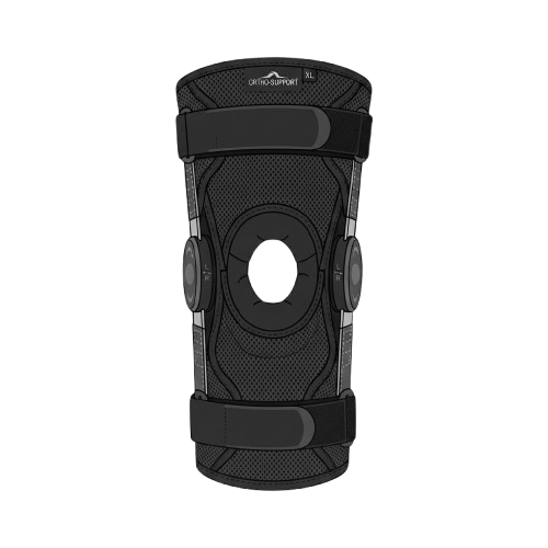 Black knee brace featuring adjustable straps and circular openings on both sides for medical support.