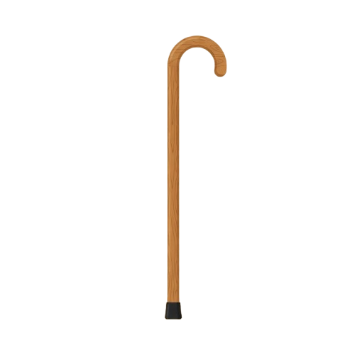 A wooden cane with a curved handle and a black rubber tip against a dark background
