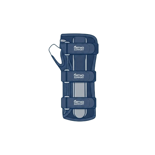 Dark blue wrist brace with adjustable straps and Ortho Support branding