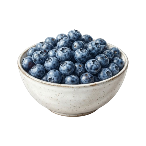 A white ceramic bowl filled with fresh blueberries