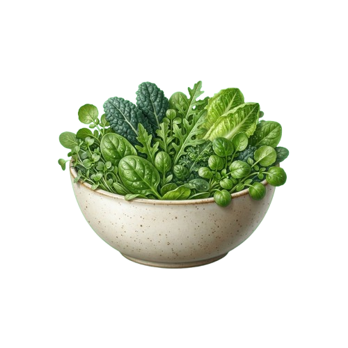 A ceramic bowl filled with various fresh leafy greens and herbs against a black background