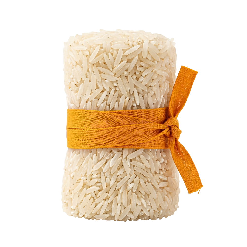 A bundle of white rice tied with an orange fabric ribbon against a black background