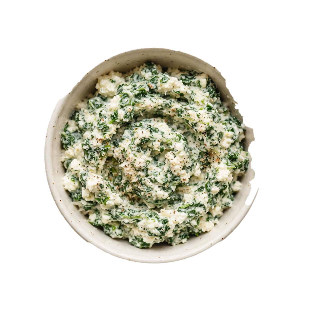 A white bowl filled with creamy green spinach and herb dip