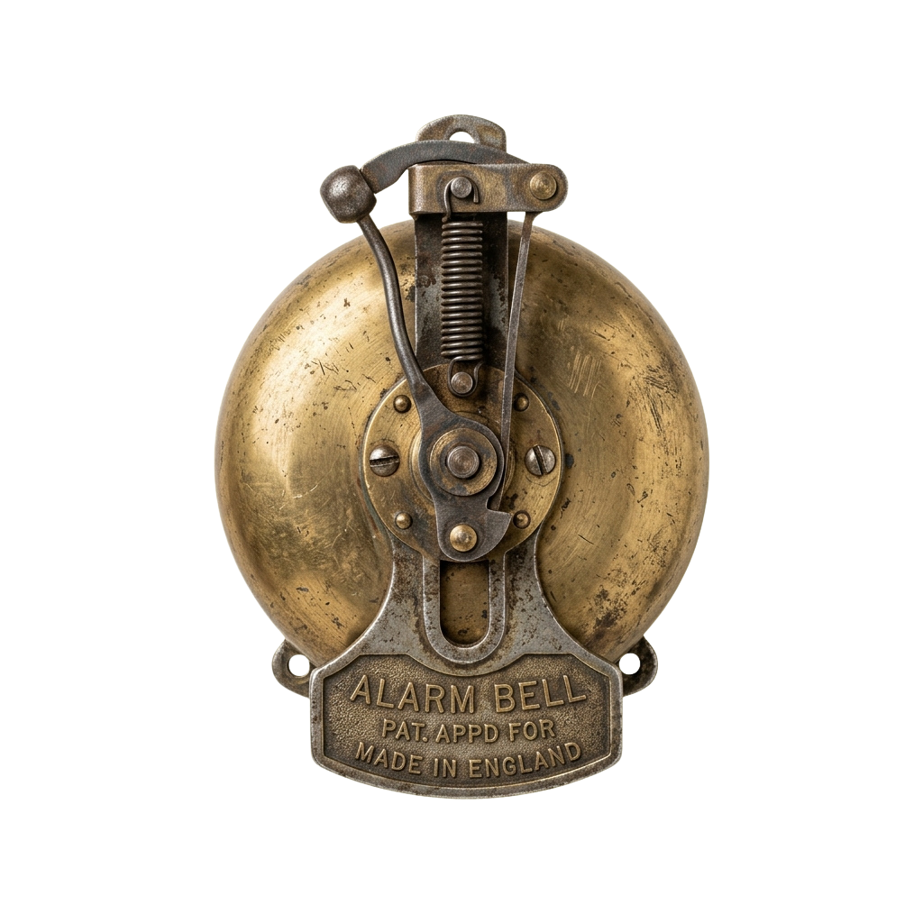 Antique brass alarm bell with a lever mechanism and label reading Alarm Bell Pat Appd for Made in England