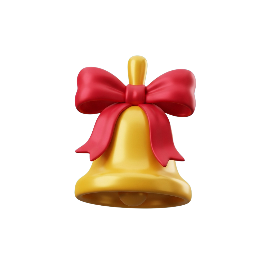 A golden bell with a large red satin bow tied around its middle