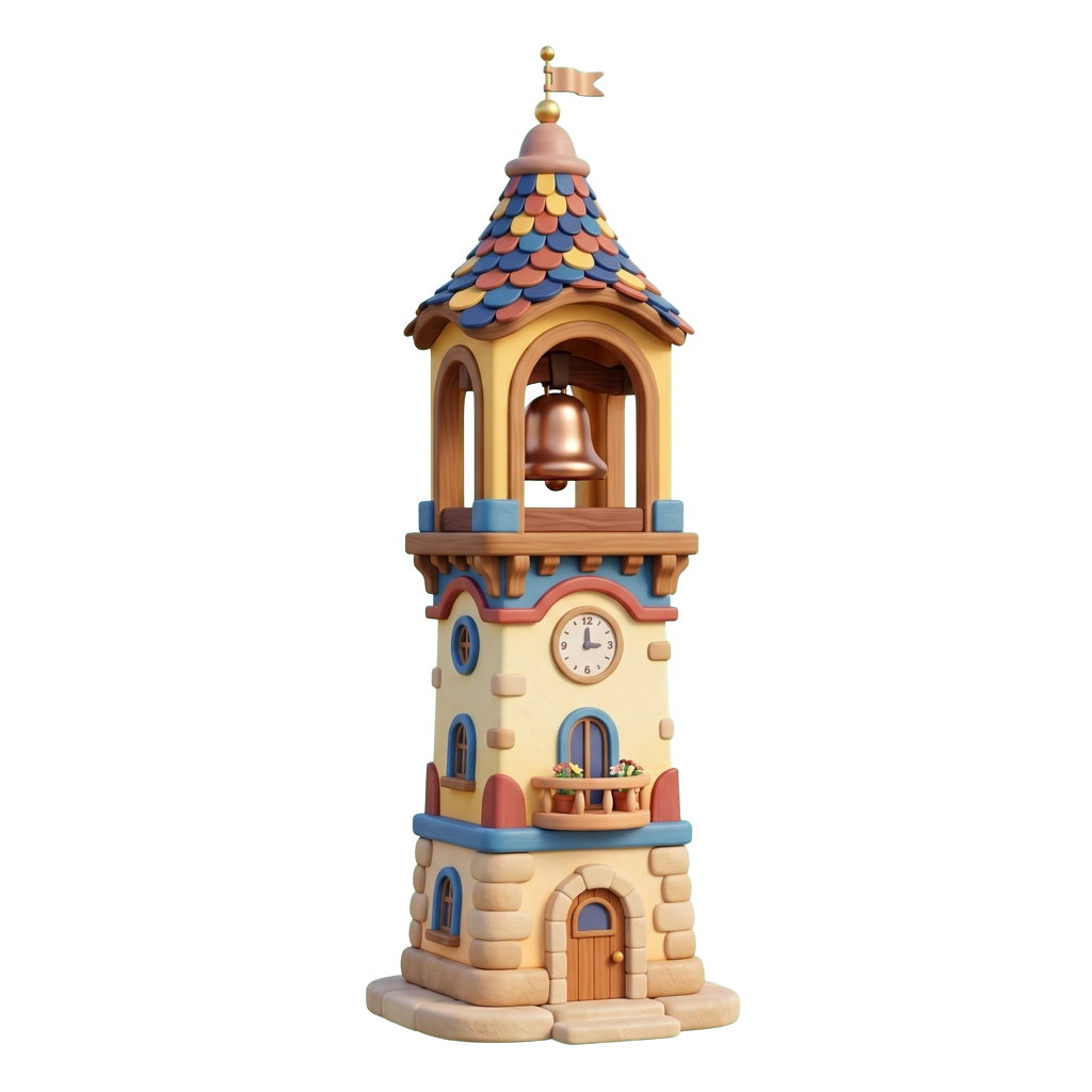 A whimsical toy clock tower featuring a bell, clock face, and colorful shingled roof with a small flag on top