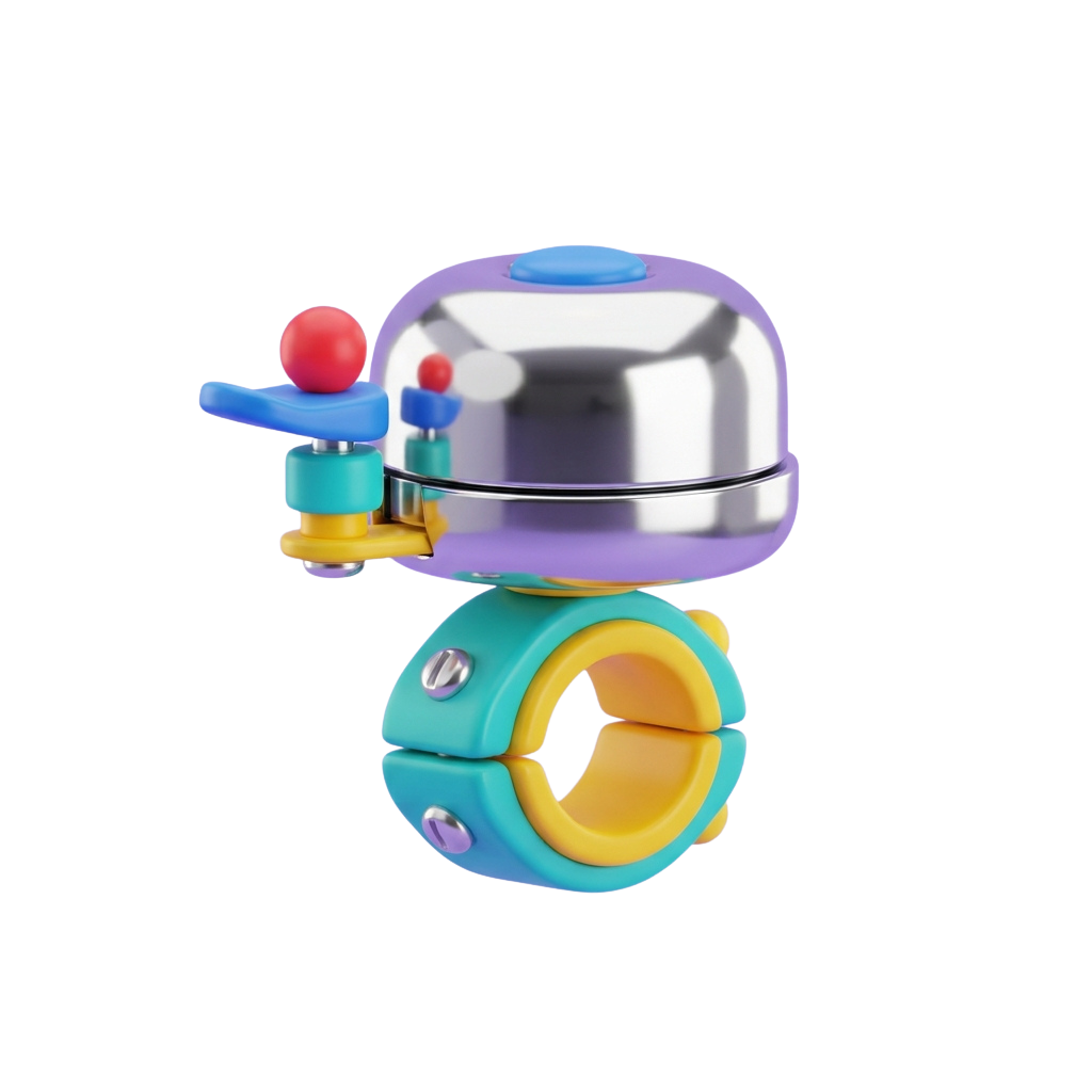 A playful bell attached to a colorful, adjustable bike handlebar clamp with turquoise and yellow accents