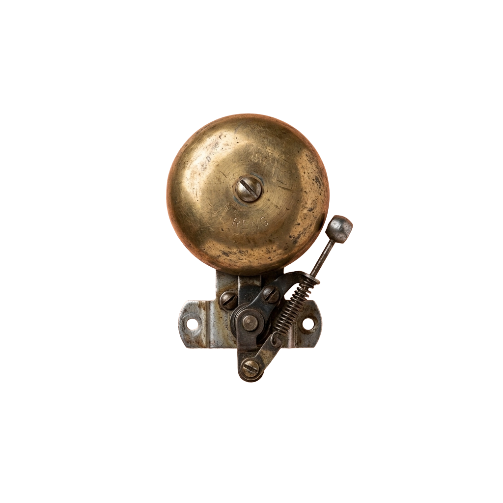 A close-up image of an old brass bell pull with a spring mechanism and a round bell.