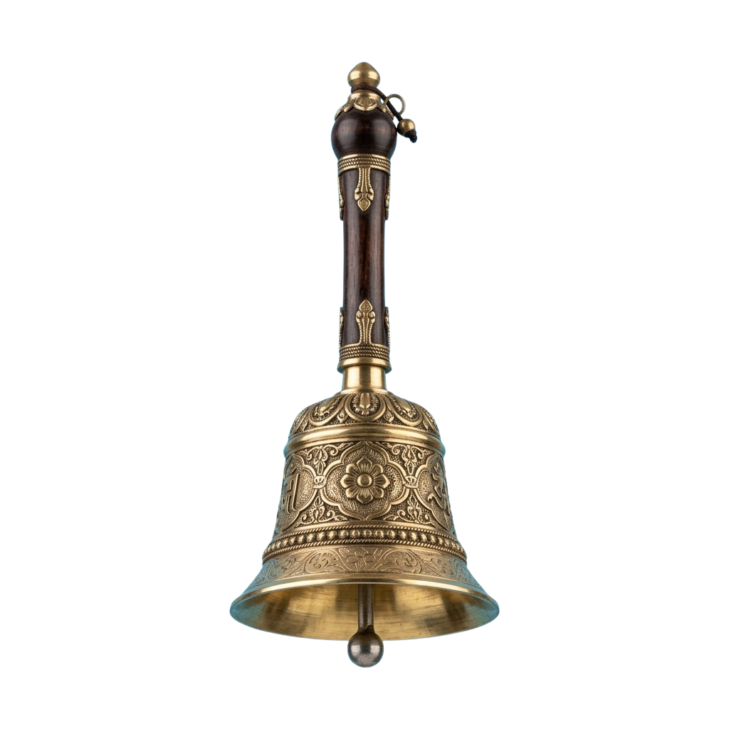 A brass-colored temple bell with intricate floral designs and a detailed handle featuring a decorative top.