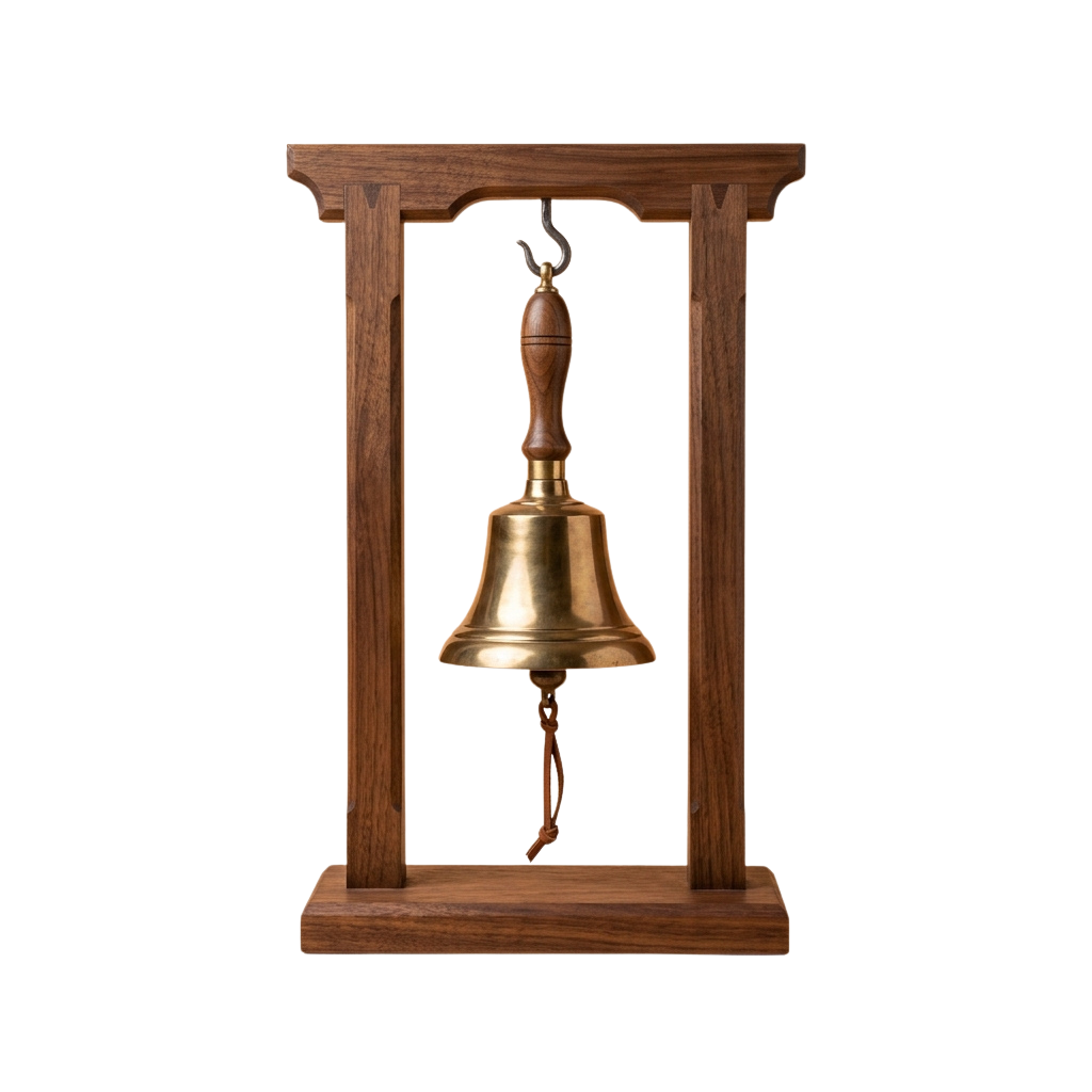 A brass bell hanging from a wooden frame stand with a curved top and base.