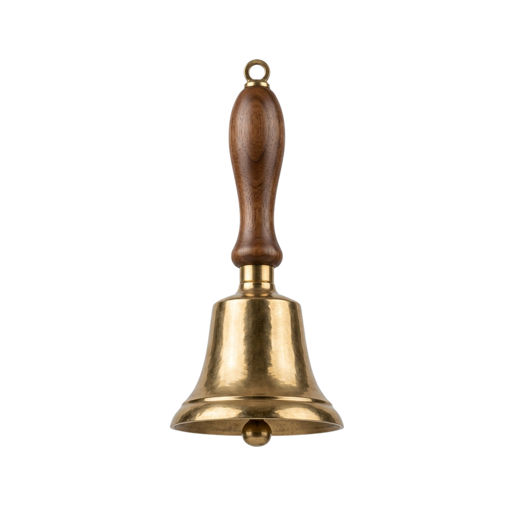 A brass bell with a wooden handle and loop for hanging, shown against a black background