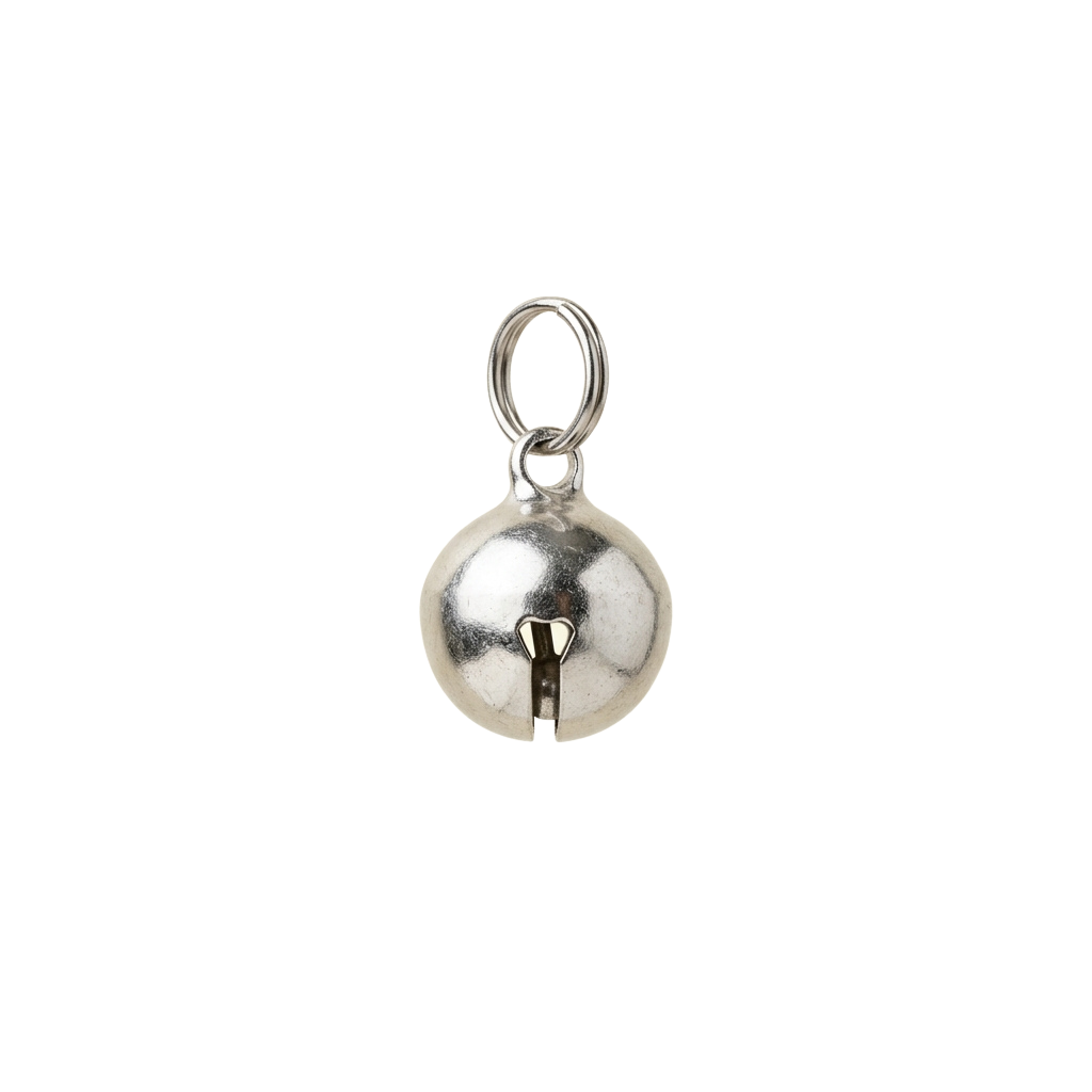 A small silver bell pendant hanging from a loop closure on a black background