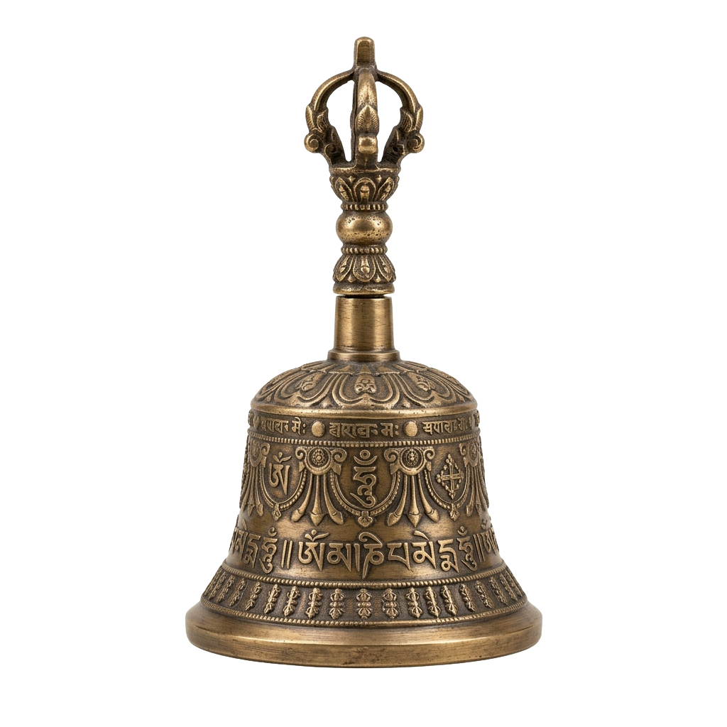 Bronze singing bowl with intricate Om mantra carvings and decorative patterns, topped with a finial.
