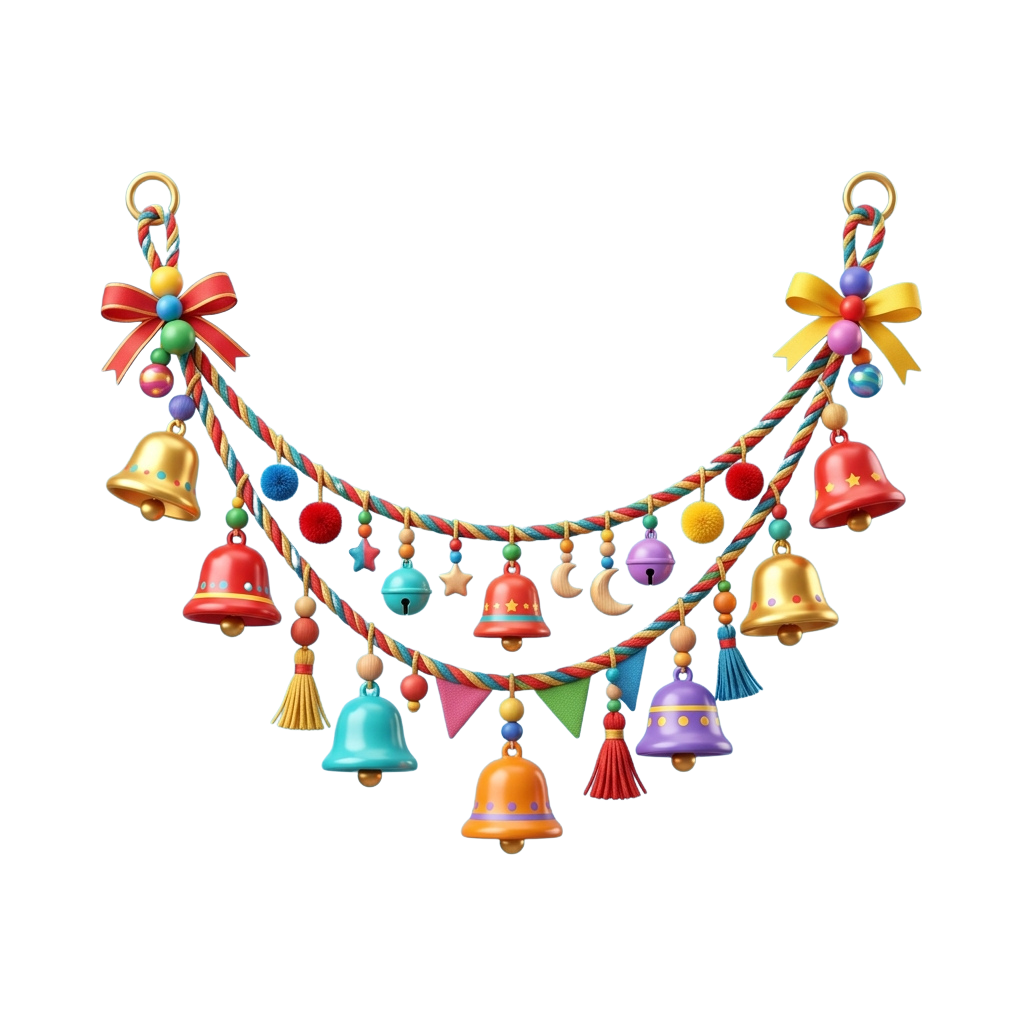 A vibrant garland of bells, bows, and beads in various colors hanging against a black background