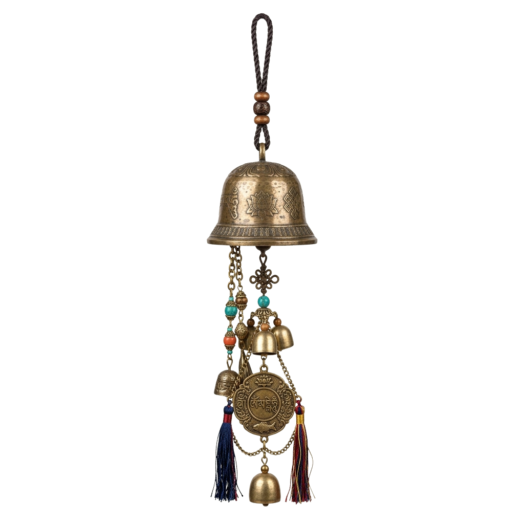 A brass wind chime hanging with ornate designs, beads, and colorful tassels.