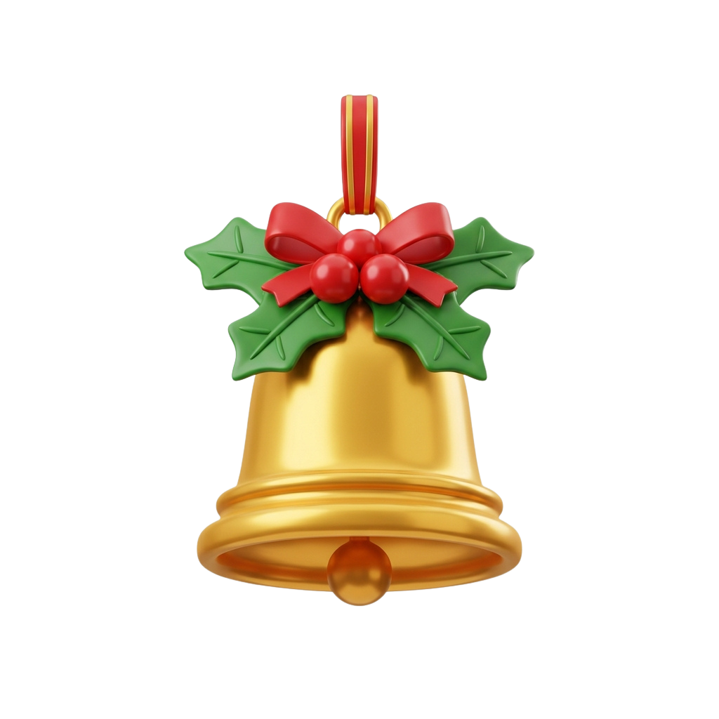 A shiny gold bell with a red bow and green holly leaves hanging from a ribbon loop