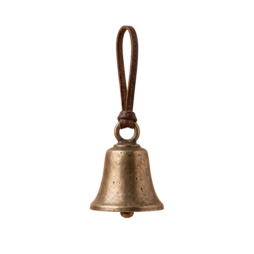 A small brass bell attached to a brown leather loop hanger against a dark background