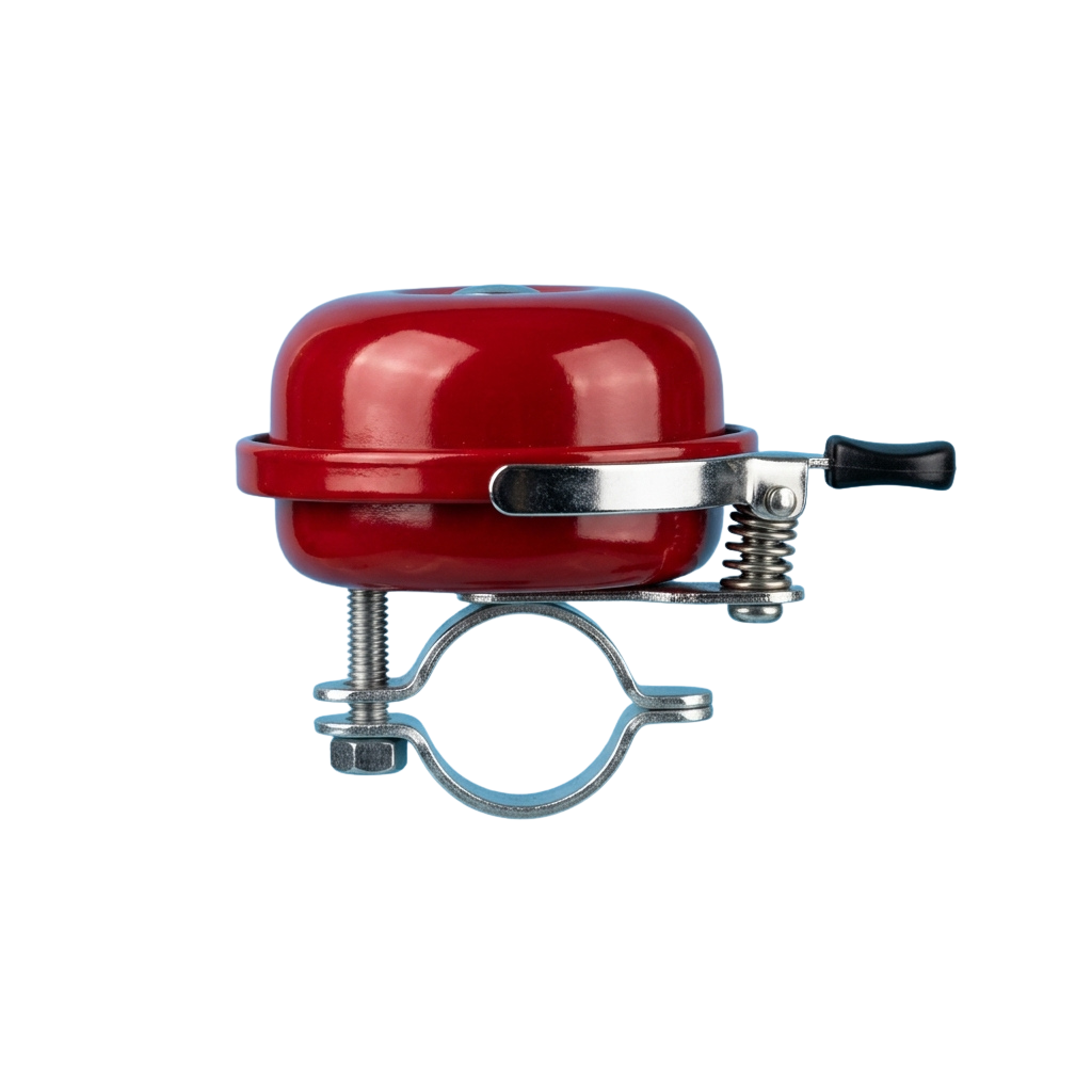 A red bicycle bell mounted on a chrome clamp with a black handle