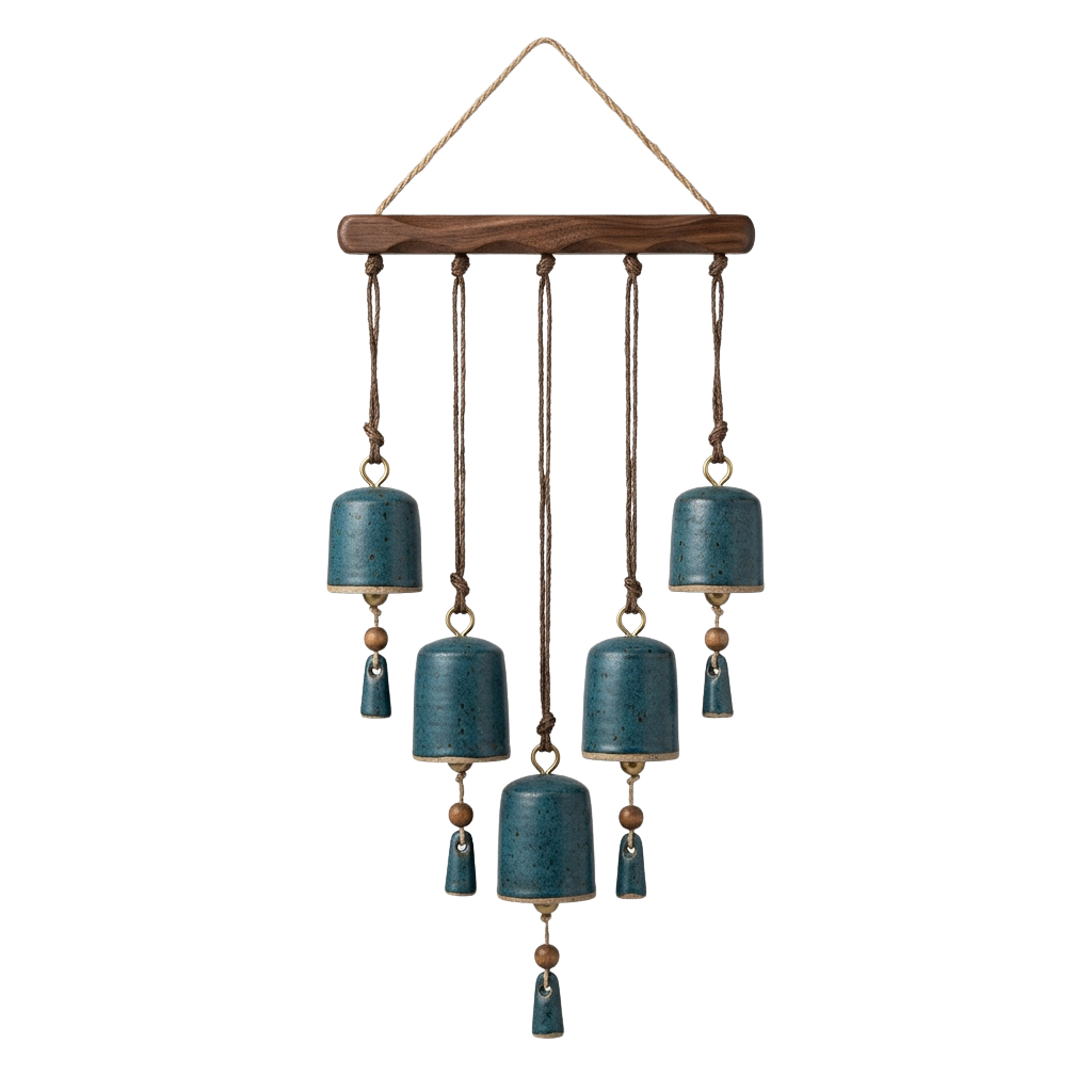A wind chime with five blue ceramic bells hanging from a wooden triangular frame on ropes