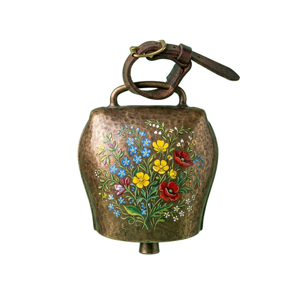 A decorative bell with colorful floral painting and a rustic metal handle
