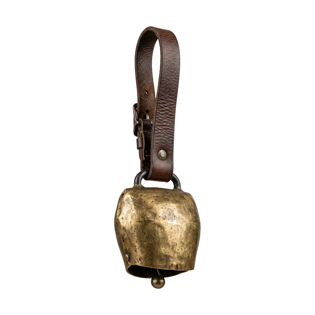 A small brass bell attached to a brown leather strap with a metal clasp