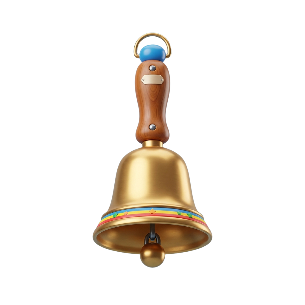 Golden bell with wooden handle and colorful trim hanging against black background