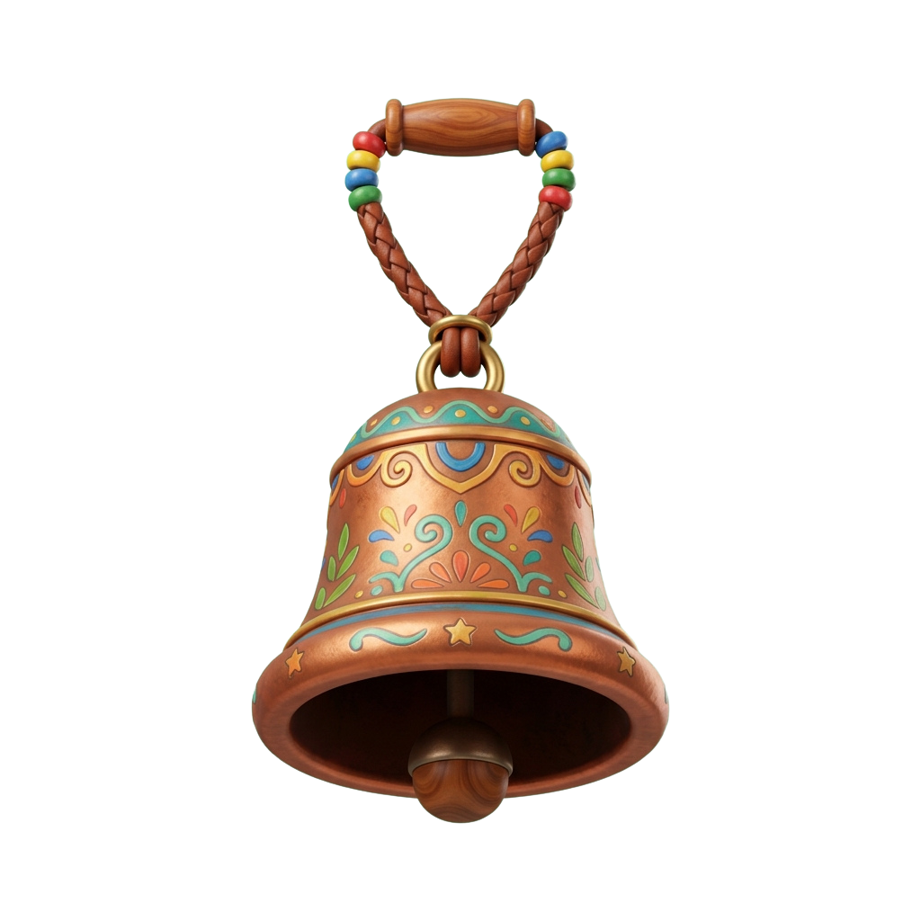 A copper-colored bell with intricate floral designs and a beaded handle featuring rainbow-colored beads