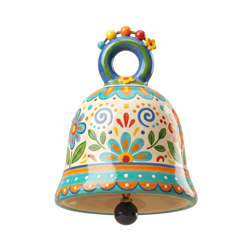Decorative ceramic bell with vibrant floral patterns and colorful swirls, hanging from a ring with beads