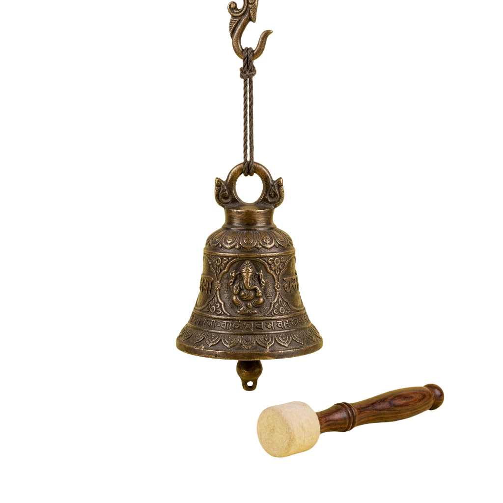 An ornate brass bell hanging from a decorative hook with a wooden beater next to it