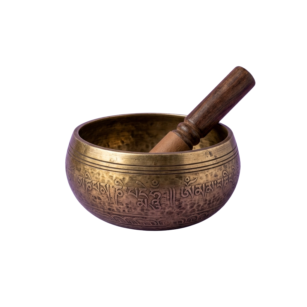 A brass Tibetan singing bowl with intricate engravings and a wooden beater resting inside.