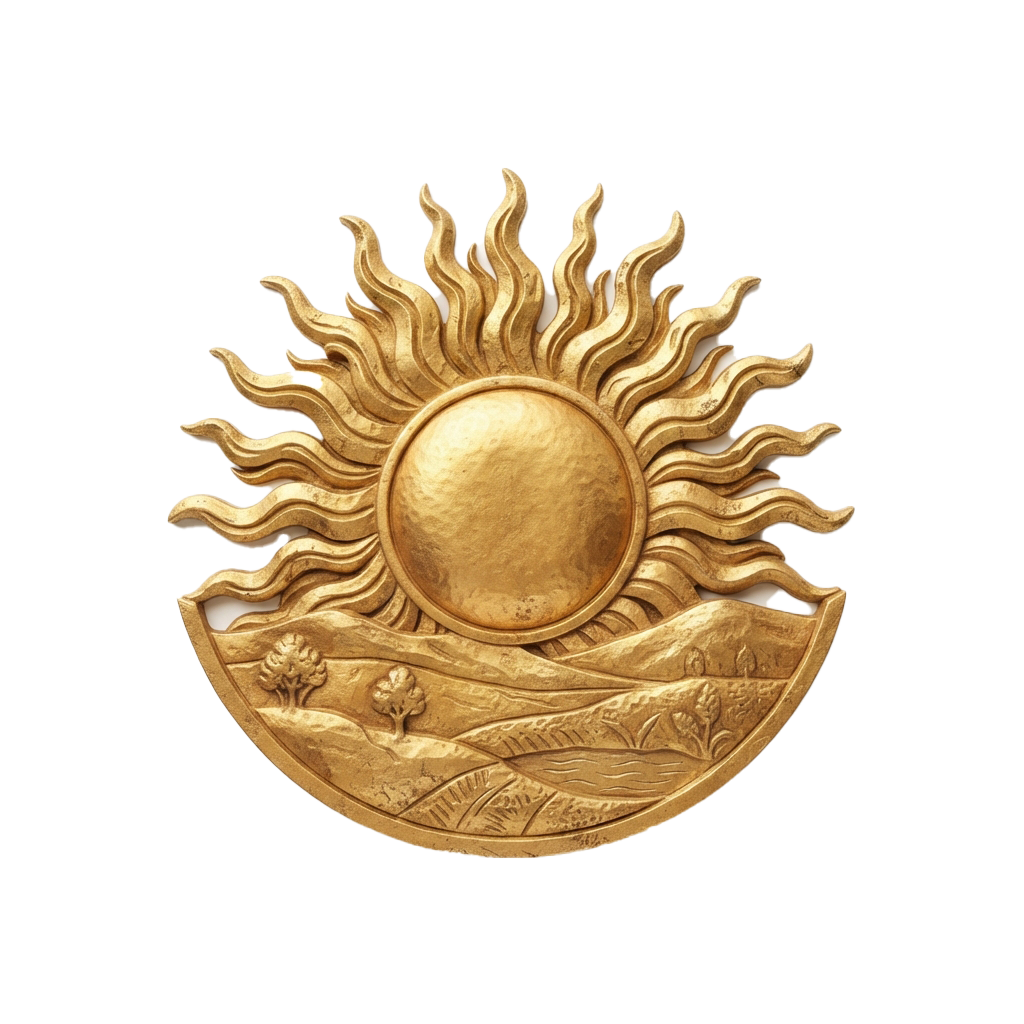 A golden sun emblem with rays rising over a stylized landscape featuring trees and fields