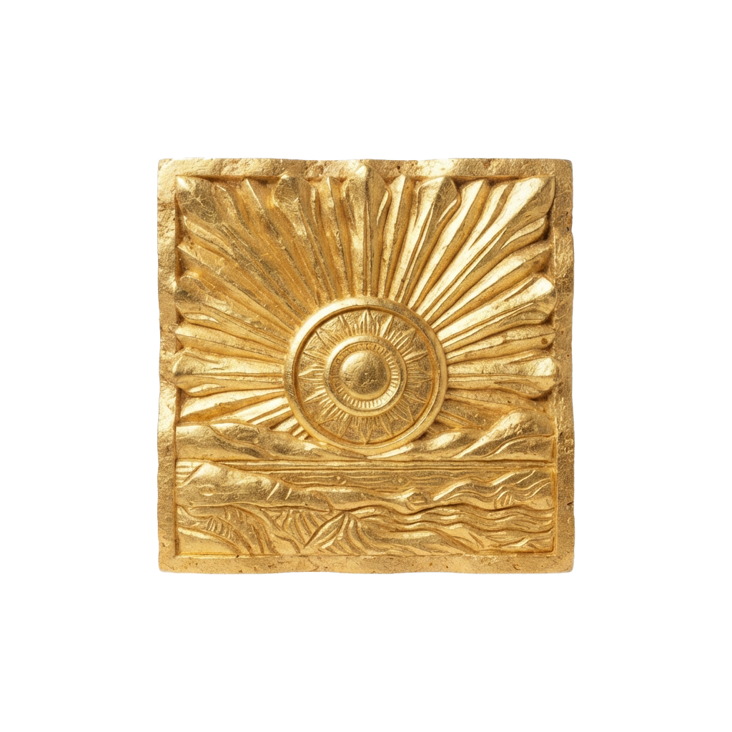 A detailed golden sun relief carving with radiating lines and a central circle, framed by a wavy pattern below.