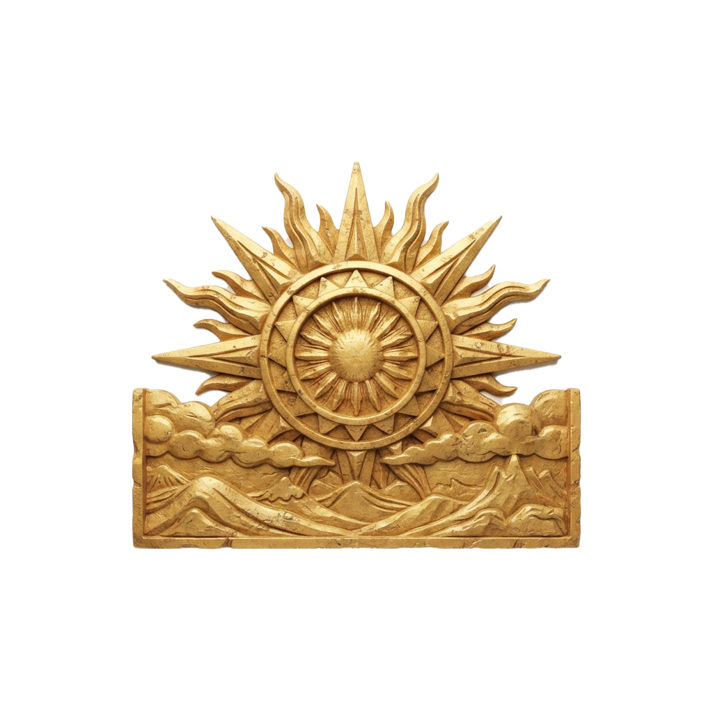 A golden relief sculpture featuring a sunburst with rays, a central sun, and cherubic figures on a cloud base