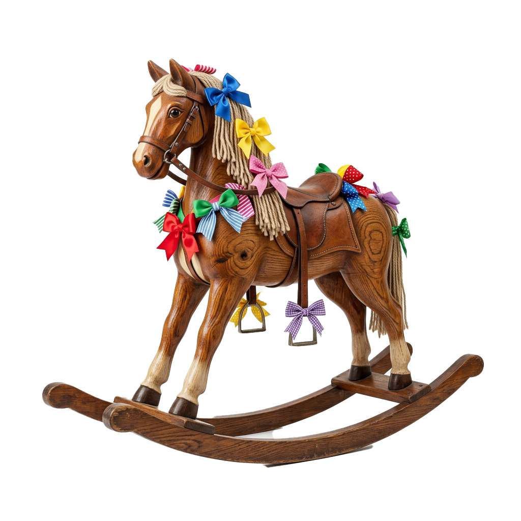 A wooden rocking horse toy adorned with colorful bows and decorative saddle blanket.