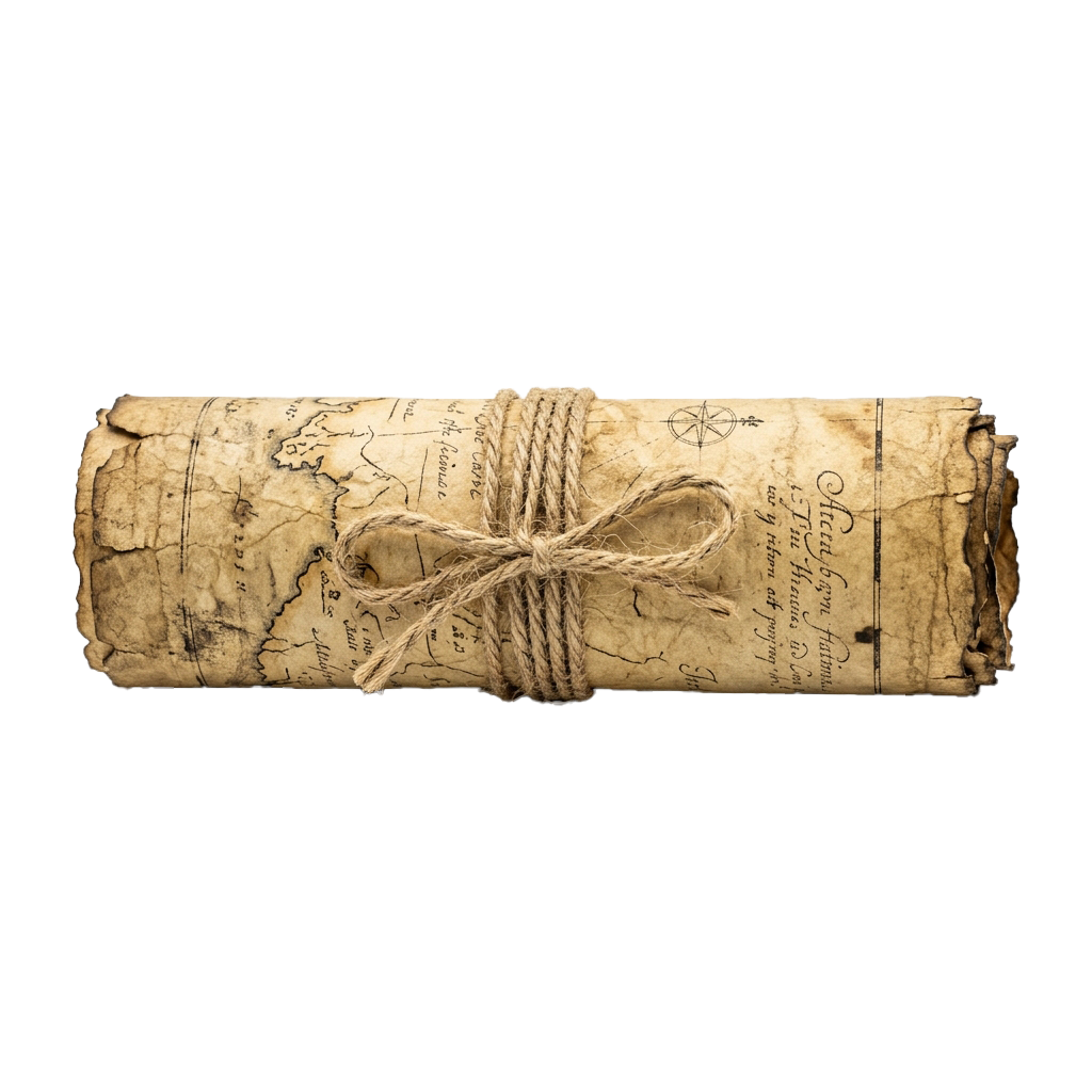Aged parchment scroll tied with twine, featuring a faded map and handwritten text.