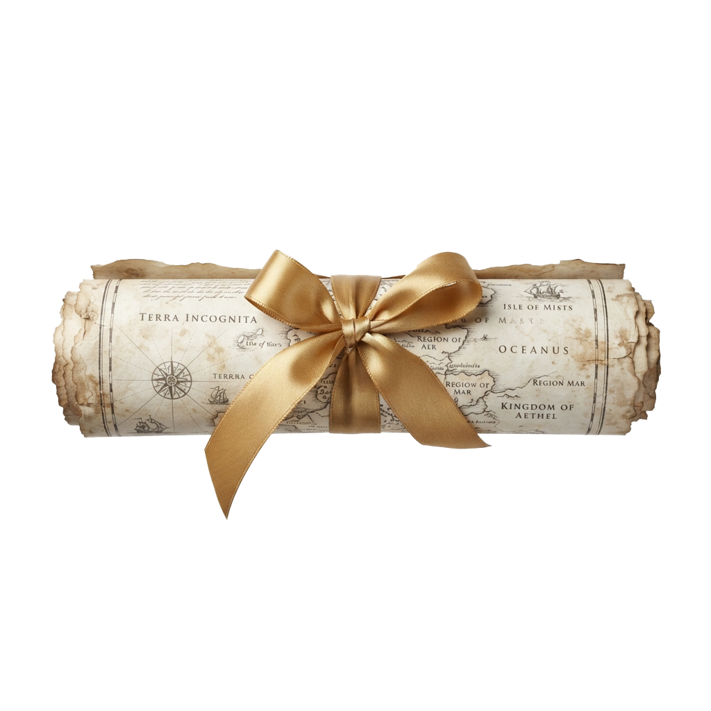 A rolled parchment-style scroll tied with a gold ribbon against a black background.