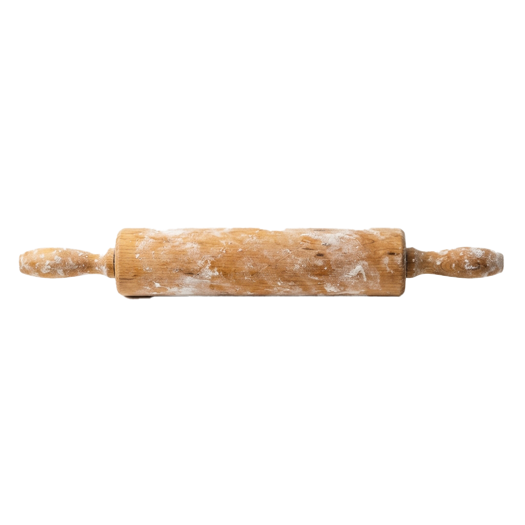 A wooden rolling pin with handles on both ends covered in flour residue