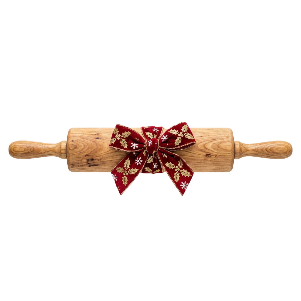A wooden rolling pin adorned with a festive red velvet bow featuring gold holly patterns