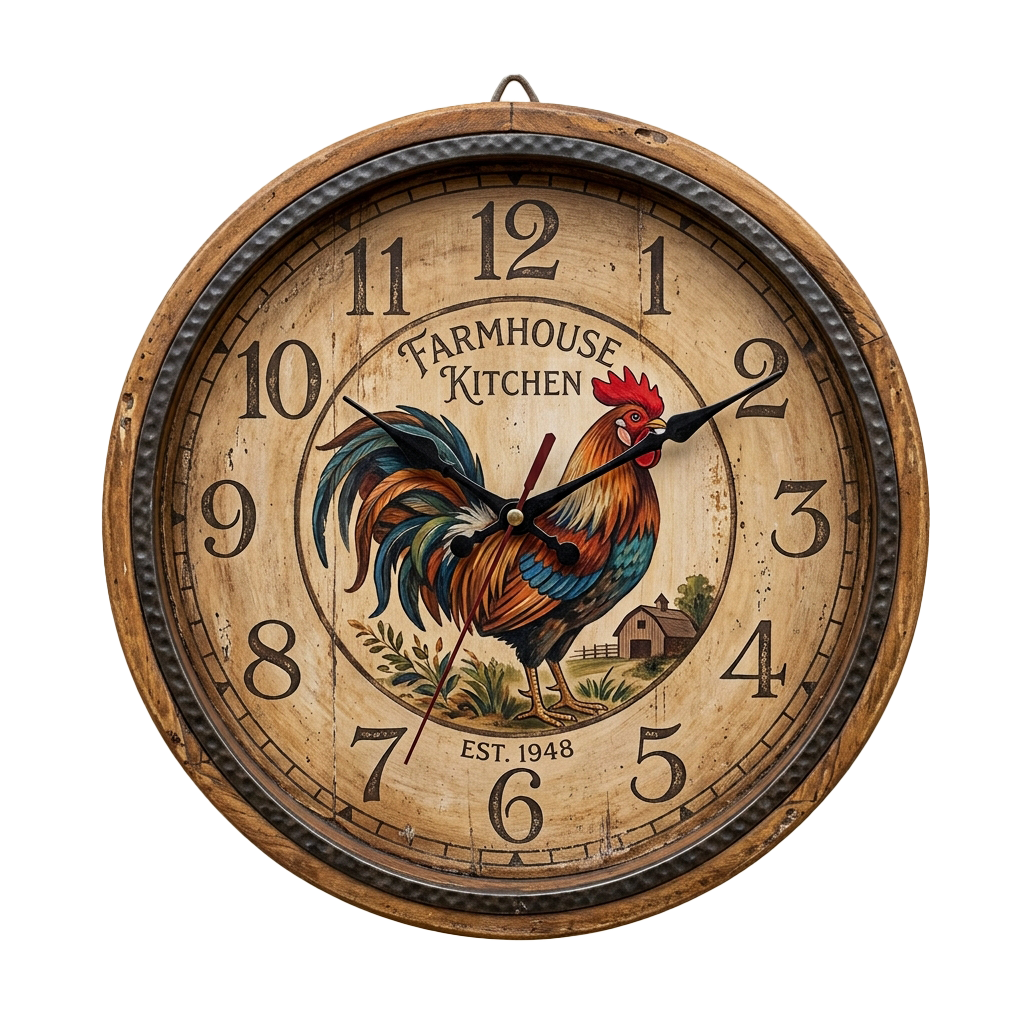 A wooden clock with a rooster illustration and Farmhouse Kitchen text, showing the time.