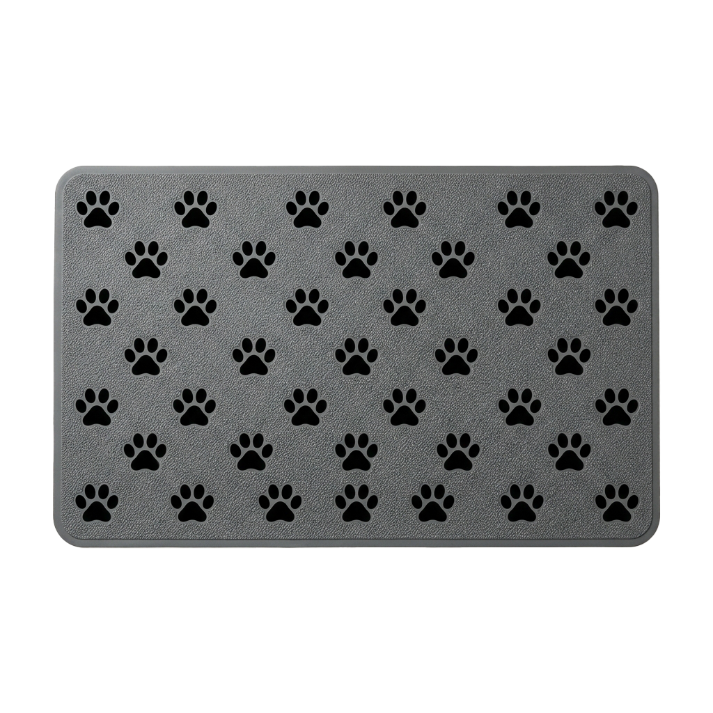 Gray phone case with repeated black paw print pattern