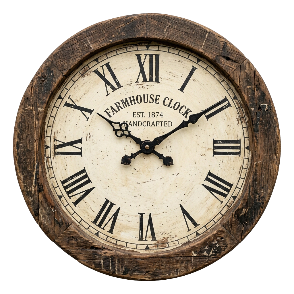 A round wooden clock with Roman numerals and black hands, encased in a dark wooden barrel frame, labeled handcrafted.
