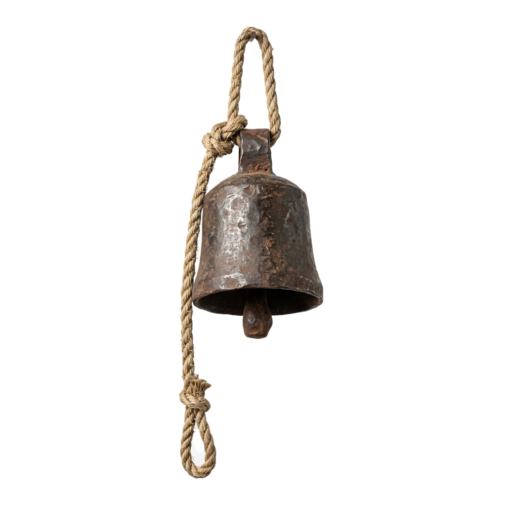 A rustic metal bell hanging from a thick rope against a dark background
