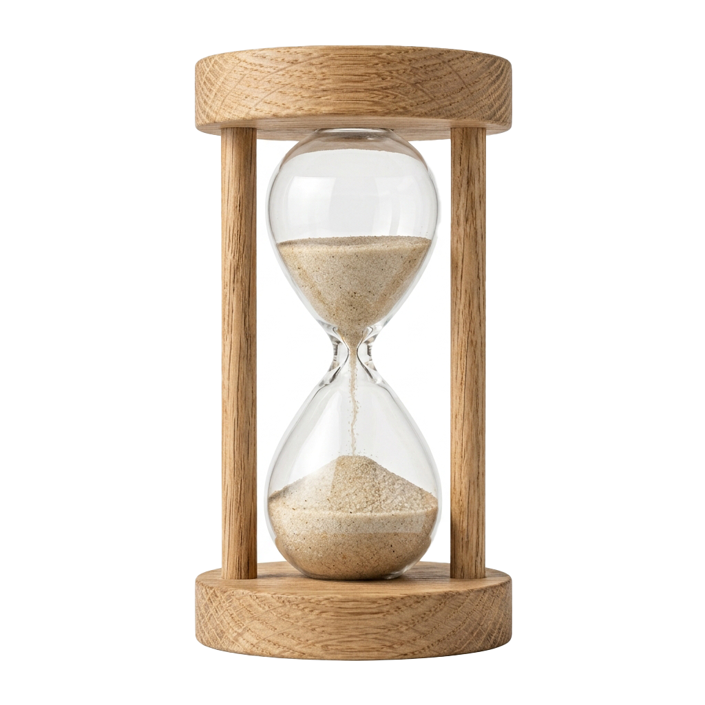 Wooden hourglass with sand flowing between two glass bulbs
