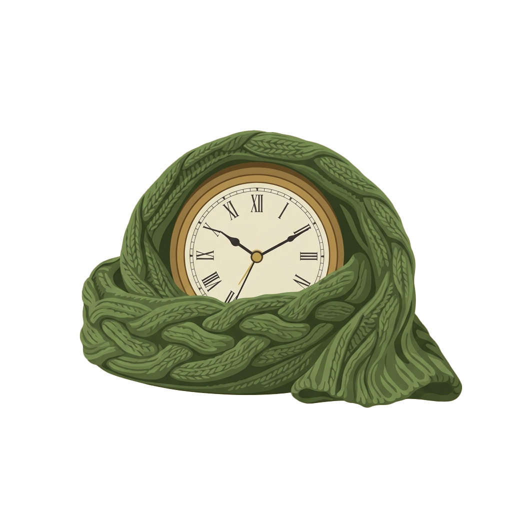 An analog clock wrapped snugly in a green knitted scarf.
